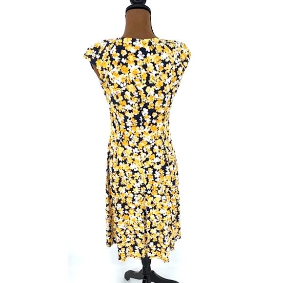 London Times Blue & Yellow Floral Midi Dress with Shoulder Pads – Size 4 - Picture 4 of 8